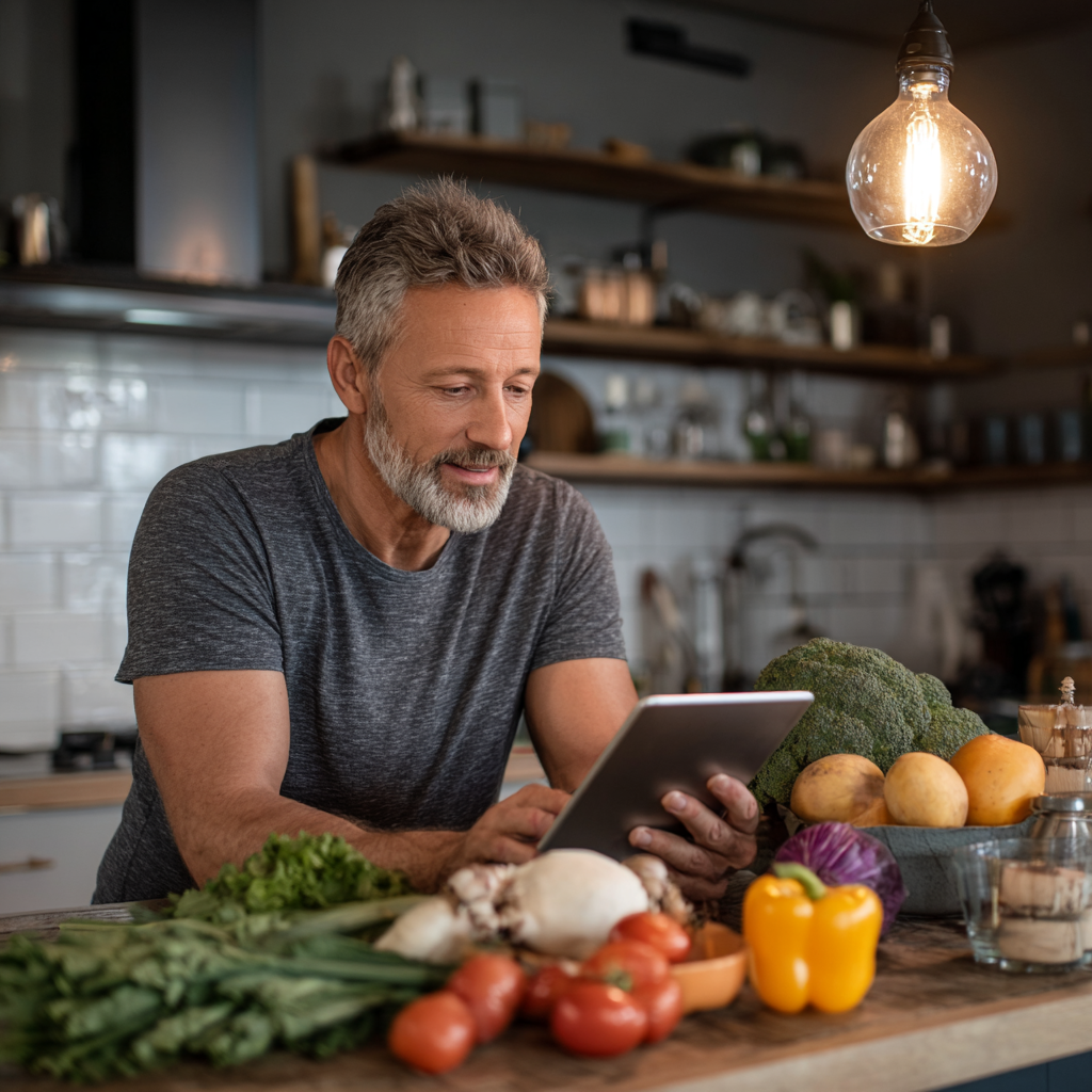 Мъж на 55 години избира хранителни цели на таблет, седнал в модерна кухня