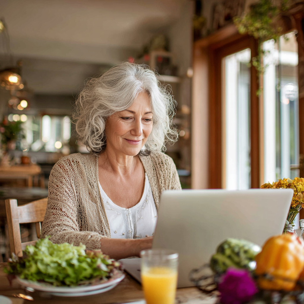 Жена на 58 години разглежда персонализиран хранителен план на лаптоп в светла трапезария