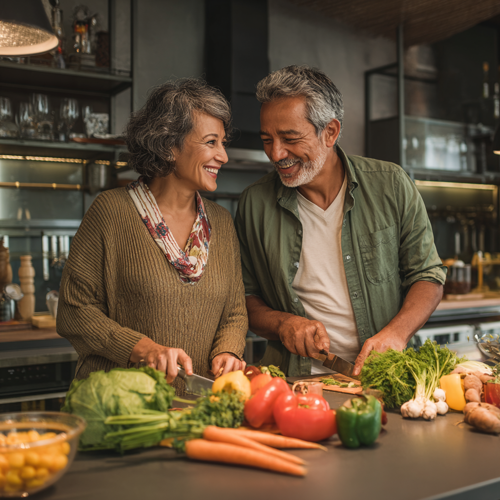 Двойка в края на петдесетте години готви здравословна храна заедно в модерна кухня, усмихнати и щастливи
